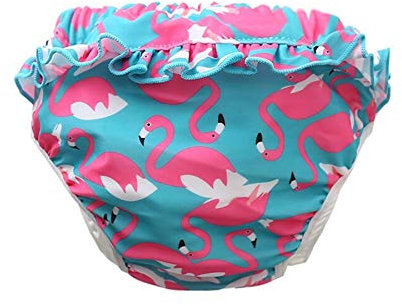 Neue Entzückende Wiederverwendbare Baby Schwimmhose Mädchen Schwimmwindel mit Rüschen für Kleinkinder, 0-4 Jahre (Roter Flamingo, M/22-28lb/1-2 Jahre)