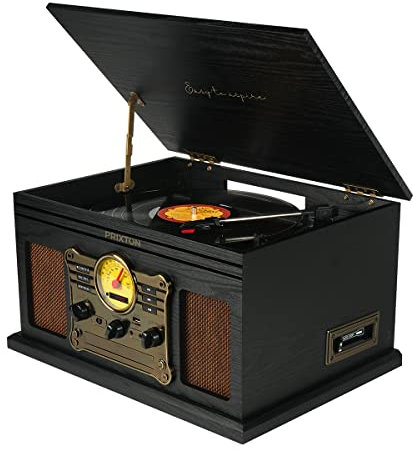 PRIXTON Century - Tocadiscos Vintage, Reproductor y Convertidor de Vinilo y Reproductor de música Bluetooth, USB, Tarjeta SD, Radio, CD y Casete, 2 Altavoces, Diseño Minicadena (Reacondicionado)