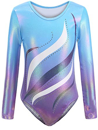 Cucudy Gymnastikdräkter för flickor långärmad/ärmlös gradient färg diamant body dans balett gymnastik atletisk body för barn 5 6 7 8 9 10 11 12 år, B118 Blå, TAG 6A(5-6 anni)