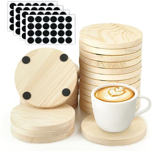 Winter Shore Sottobicchieri Legno Grezzo da 100 mm [Set da 24] - Dischi Legno Naturale per Bevande, Centrotavola, Fai da Te - Dischi per Pittura, Incisione, Scrittura - 96 Feltrini Adesivi Tondi
