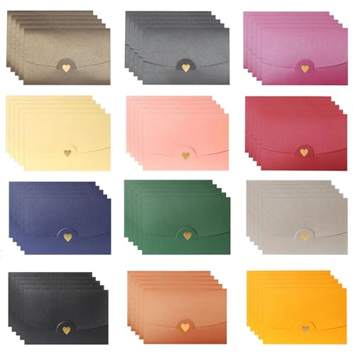 HFDONGL 60 stycken mini kuvert färgglada små kuvert presentkort kuvert minikuvert med hjärta stängning kraftpapper kuvert för bröllop inbjudningar gratulationskort present (12 färger)