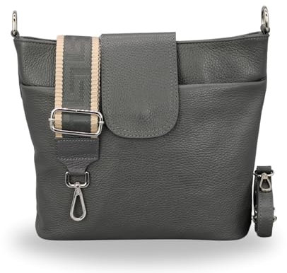 BRISE Umhängetasche Damen Echtes Leder ELLIE Handgemachte Crossbody Bag mit Ledergurt + Optionalen Breiten Gemusterten Riemen 6 Fächer Wasserdichte Schultertasche Made in Italy (Dunkelgrau - 3)