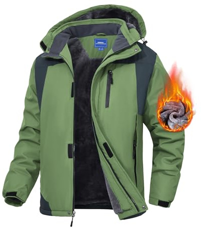 Zoofly Skijacke für Herren, wasserdicht, Fleece-Innenfutter, Schneemantel, warm, Winter, winddicht, mit Kapuze, Grün, 3XL
