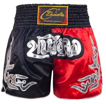 TiaoBug Jungen Klassische Thai Boxerhose Gemusterte Muay Thai Kurze Hose Kinder Sport Gym Fitness Kickboxing Training Pants gr. 110-170 Schwarz Rot 146-152
