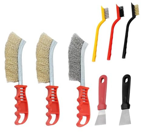 8 Piezas Cepillo de Alambre, MYLERCT Dos Tipos Cepillo Metalico Limpieza, Cepillo Alambre de Mano con Hoja de 245 mm, Cepillo de Punta y Espátula para Cocina, Baño y Taller