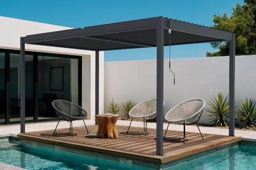 CAZEBOO Pérgola Bioclimática Autoportante Piana 394x304 cm (4x3 m – 12 m²) Aluminio Gris Antracita – Lamas Orientables 0-110° Acero – Resistente Viento 70 km/h – Kit Completo con Manivela y Anclajes