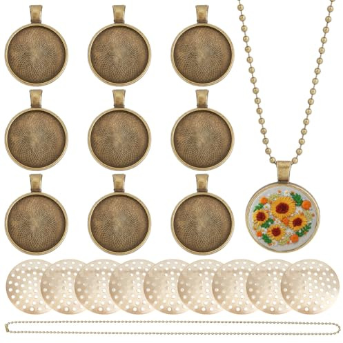 FREEBLOSS 10 Set Round Bezel Pendant Trays Necklace Pendant Blank Frame for Embroidery Round Tray Charm DIY Jewelry Making Kit for Necklace DIY Crafts Projects Needlepoint Bronze, 1 Diameter