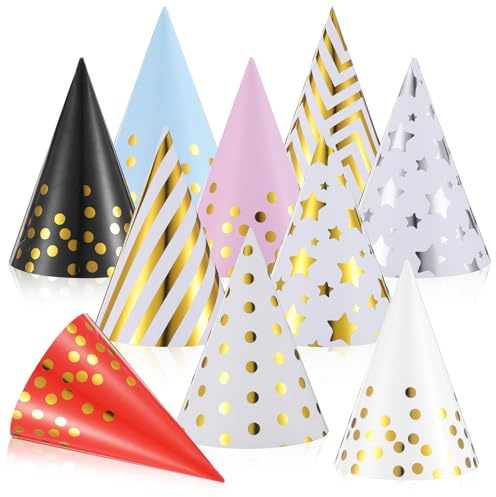 CIATBYYJ 20 Pcs Party Hats Birthday Party Cone Hats for Adults Kids Gold Polka Dot Paper with Elastic String Happy Birthday Partys Decorations Assorted Paper Birthdays Hat for Photo Props