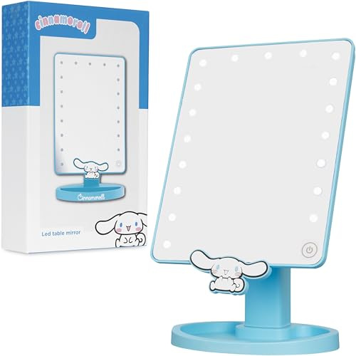 Get Trend Sanrio Cinnamoroll sminkspegel med lampor, bordsplacerad LED-spegel med prydnadsbricka, kompakt och batteridrivna resetillbehör, presenter för kvinnor och flickor (Blå Cinnamoroll)