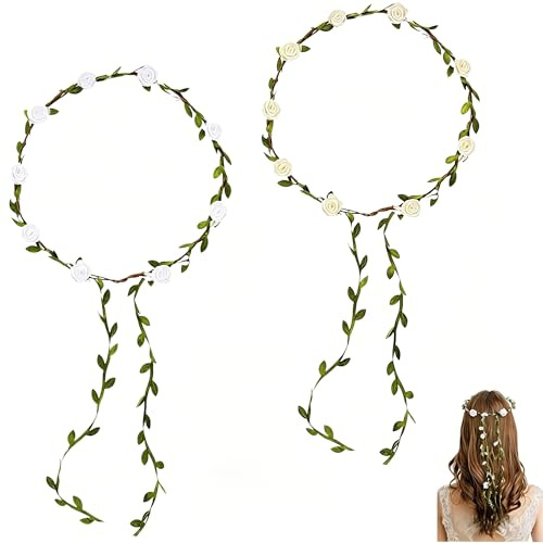 Lankai 2 Piezas Corona de Flores Diadema Mujer, Diadema con Corona de Flores Blancas, Corona Hecha a Mano para Fiesta de Bodas, Boho Tocado de Cumpleaños, Corona de hadas, Cabello para festivales