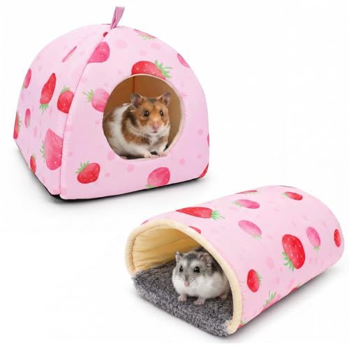 Lot de 2 Maisons pour Cochons d'Inde et Tunnel,Maison et Tunnel pour Cochon d'Inde,Maison Lavable pour Petit Animal pour Furet,Hérisson,Chinchilla,Hamster et Petits Animaux(Fraise)
