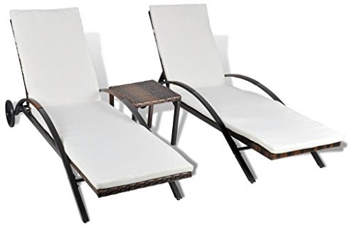 Festnight 3 TLG. Sonnenliegen-Set mit 2 Liegestühle und 1 Tisch Polyrattan Sonnenliege Rattanliege Gartenliege Stahlrahmen Braun