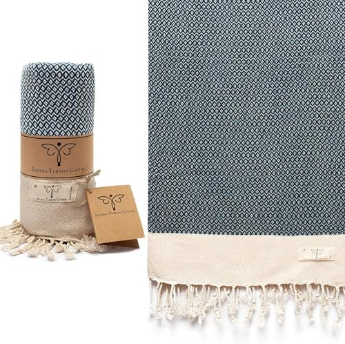 Smyrna Strandtuch aus türkischer Baumwolle Vintage | 180 x 90 cm | Beste Qualität aus 100% türkischer Baumwolle | Extra großes, türkisches Badetuch | Schrumpft Nicht| Premium Luxus - Marineblau