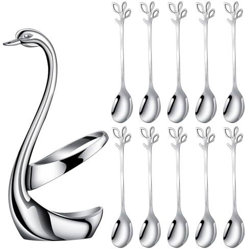 AnSaw Juego de soporte para cucharas de café pequeñas plateadas, base de cisne con 10 cucharas de espresso Demitasse, cuchara de postre de 4.7 pulgadas, cucharas de té de acero inoxidable