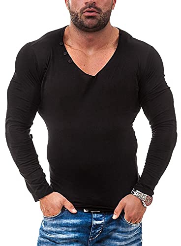 Uomo Henleys Casual Manica Lunga Maglietta Singolo Pulsante abbottonatura Plain v Neck Camicie in Cotone