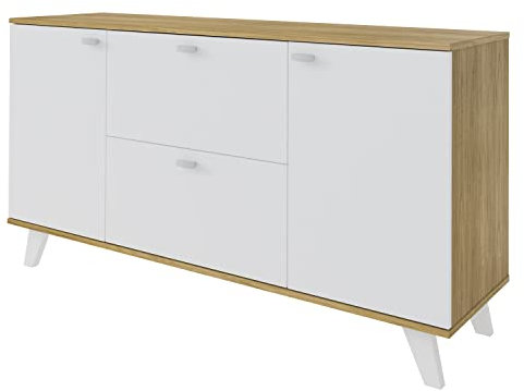 MOMMAHOME® Aparador para Salon, Buffet Mueble TV de Comedor 2 Puertas y 2 cajones, QUIATUR, Acabado en Roble y Blanco, Medidas: 140 cm A x 40 cm F x 75 cm H