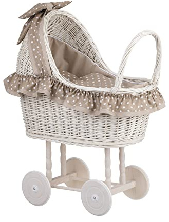 Un carrito mimbre, cama para muñecas de mimbre, juguete cochecito beige