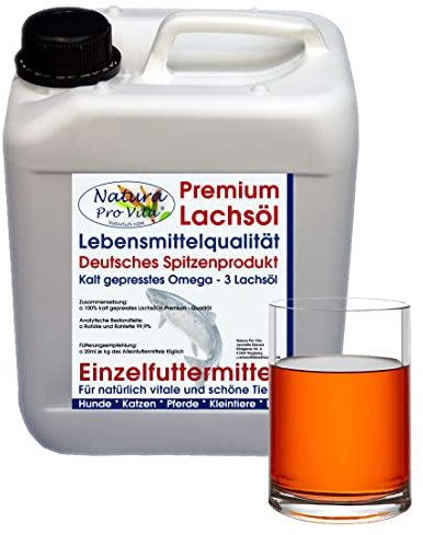 Lachsöl Hunde Lebensmittelqualität Natura Pro Vita Barföl Hunde kaltgepresst Lachs Fischöl Hund gut für Haut und Fell Omega3 Öl Hunde Immunkraft 5L