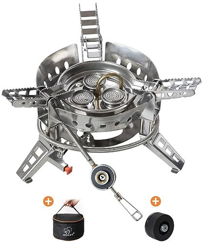 Bulin Campingkocher 6800W Faltbar,Gaskocher mit Piezozündung, Outdoor Kocher mit Adapter,Edelstahl Belastbarkeit 75KG für Hiking Trekking Picknick unterwegs