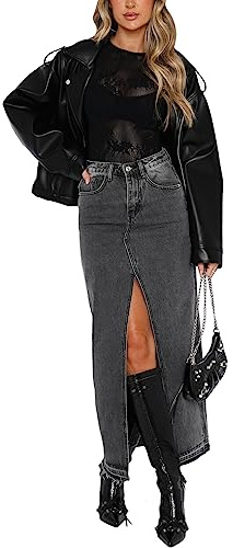 Gonna Lunga di Jeans Donna Vita Alta con Spacco Davanti Gonne Denim Y2K Vintage Harajuku Maxi Midi Gonna Gonne a Portafoglio in Denim Tinta Unita con Tasche (Grigio, L)