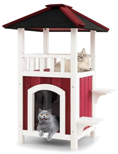 GYMAX Niche pour Chien à 2 Étages, Maison pour Chat Robuste en Bois avec 2 Plates-Formes de Saut & Toit Imperméable, Condo 58 x 50 x 87CM pour Animaanx de Companie, pour Intérieur/Extérieur