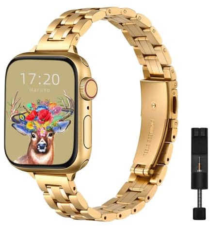 HaruYo Metallarmband kompatibelt med Apple Watch-armband 【42 mm/44 mm/45 mm/49 mm】ersättningsarmband i rostfritt stål unisex för Apple Watch Ultra2/Ultra/iWatch Series 9 8 7 6 5 4 3 SE, guld