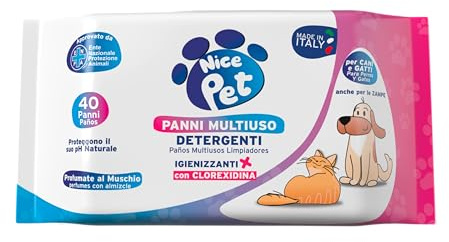 Nice Pet Salviette Multiuso Detergenti Igienizzanti per Cani e Gatti, Formulazione Profumata al Muschio con Clorexidina, Confezione da 40 Salviette Umidificate