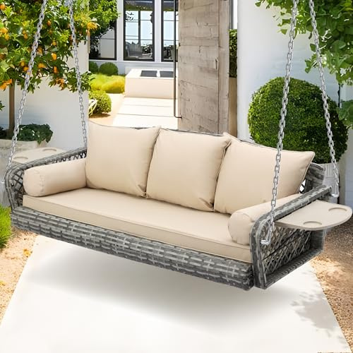 Grepatio Wicker Hanging Porch Swing - Outdoor 3 Person Patio Swing Bench with Cushion & Chains - 3-Seat Porch Swing Chair with Cup Holder for Garden, Yard, Lawn (Khaki Grey Rattan)