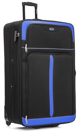 Aerostar Extra Large 32” Lightweight Softshell Expandable Suitcase, Check in Luggage 2 Corner Wheels with Integrated Combination Lock (Black/Blue, 129 litres)