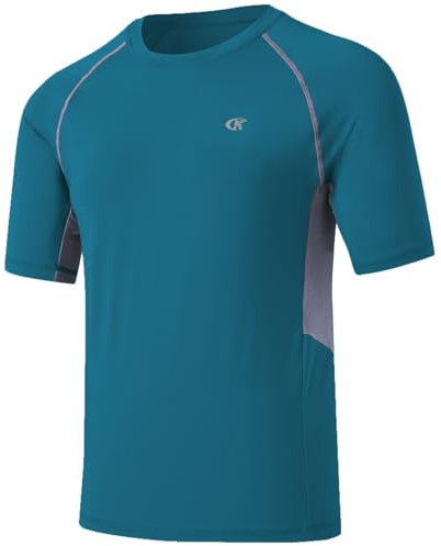 Huayuzh Men's Swim Top Shirts Short Sleeve Watersport Rash Guards UPF 50+ Quick Drying UV T-Shirts Surfing Pool Beach PeacockBlue 3XL