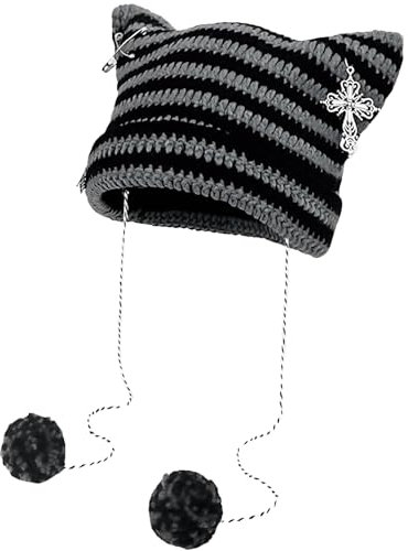 TUONYIS Schwarze Katzenmütze,Wintermütze für Damen, Strickmütze mit Katzenohren,Ohr-Goth-Emo-Alt-Accessoires, Katzenmütze, für Mädchen, Erwachsene Kinder Katzengeschenke für Frauen(Schwarz)