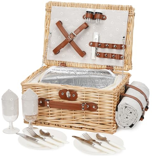 Panier de pique-nique pour 2 personnes - Avec compartiment isotherme et couverture de pique-nique imperméable - Fabriqué à la main - Cadeau pour camping, plage, randonnée - Fleur blanche