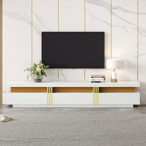 BTM TV Cabinet for TV up to 89, TV Stand with 3 Drawers, White TV Stand Cabinet with Faux Marble Top and Golden Panel Design, 200x40x42cm