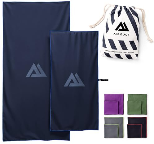 ALP & ACT Toallas de Microfibra Set de 2-100% recicladas - Extra COMPACTAS y ultraligeras - 150x70 cm + 100x50 cm - Toalla de Viaje, de Playa y para Deporte - Paños Incluye Bolsa - Azul Noche