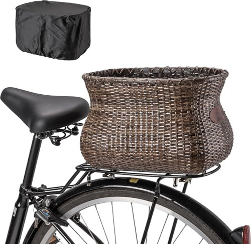 KONG MING CAR Cesta para bicicleta – Cesta trasera de ratán para bicicleta, cesta trasera grande y extraíble con cubierta impermeable, diseño retro para mujer, bicicletas eléctricas y bicicletas para