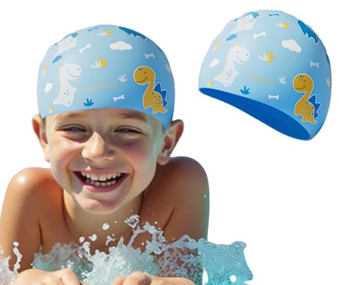 Kids Swimming Cap Silicone Swimming Cap for Boys Girls Children Teenagers (3-12 Years Old) Ear Covering Waterproof Swimming Caps Keep Hair Dry Swimming Caps (Blue Dinosaur)
