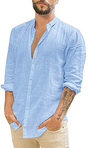 Linen Shirts for Men - Mens Overshirt Button Down, Casual Men Shirts Long Sleeve, Lightweight Beach Shirt, Summer Solid Color Jacket Tops, Grandad Collar Shirt Regular Fit, Simple Work Tops