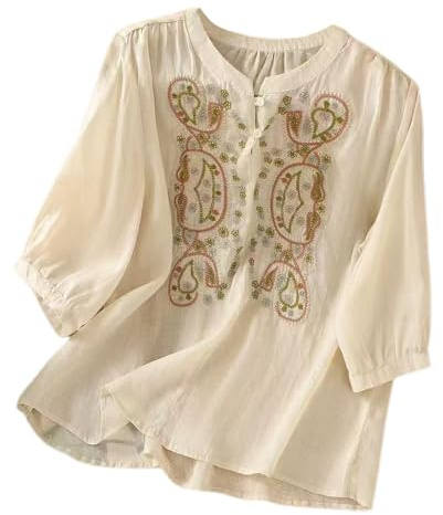 White Blouses for Women UK Linen Shirt Women Summer Embroidery Linen Tunic Tops Retro Jacquard Short Sleeve Boho Blouse Casual Loose Fit Flowy Hem Tee My+Orders