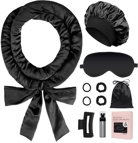 Baolivi Ensemble Boucle Satinés Sans Chaleur, Bigoudis Cheveux Sans Chaleur avec élastiques à cheveux et Bonnet Cheveux pour Bigoudis doux et Confortables pour des Boucles de Nuit, Noir