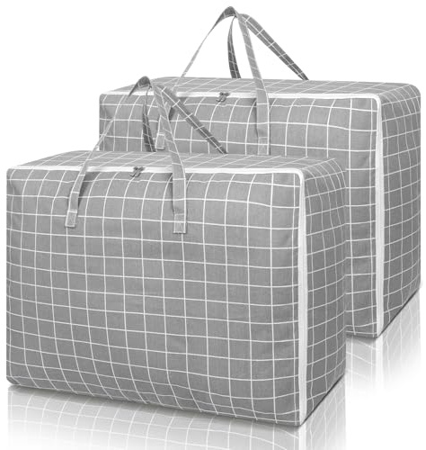 Cozary 2 Piezas Bolsa de Almacenamiento Grande, 105L Impermeable Bolsas de Mudanza con Asa, para Ropa, Mantas, Almohadas - 70 x 50 x 30 CM - Estampado a Cuadros Grises
