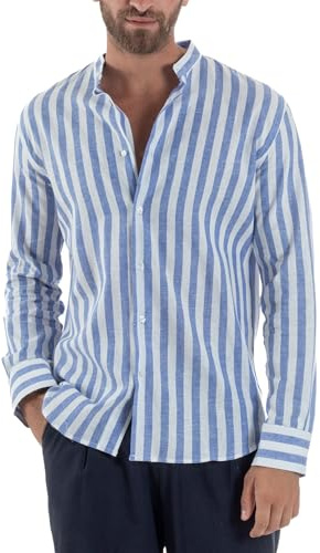 Giosal Camicia Uomo Lino Collo Coreano Colletto Francese Riga Larga Casual Maniche Lunghe Regular Fit Sartoriale Vari Colori (IT, Testo, M, Regular, Regular, Blu Coreana)