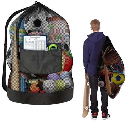 TAGMEIU Large Football Ball Bags with Waterproof Pocket – Mesh Football Net Bag for 10-15 Balls, Heavy Duty Ball Carry Bag for Basketball, Rugby, Volleyball Training((100x80cm, Black)