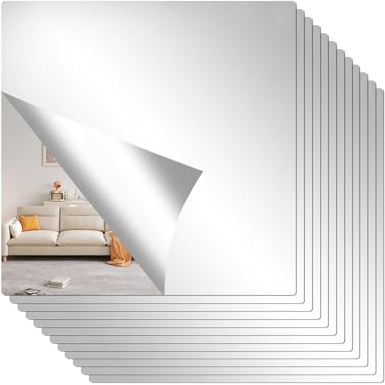 12 adesivi per specchio acrilico, piastrelle a specchio, 15 x 15 cm, specchio acrilico da incollare, specchio adesivo, pellicola specchiante autoadesiva, specchio da parete, specchietti da incollare