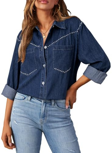 Dokotoo Long Sleeve Shirts for Women Casual V Neck Button Down Denim Tops Cowgirl Outfits Classic Collared Chambray Jean Western Shirt Rhinestone Top Cowboy Shirts Jean Blouses for Women Navy Blue M