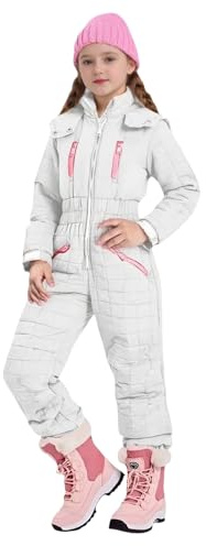 LOSVIP Combinaison de neige enfant unisexe avec capuche matelassée chaude hiver thermique combinaison de ski avec poche à fermeture éclair, Blanc., 13-14 ans