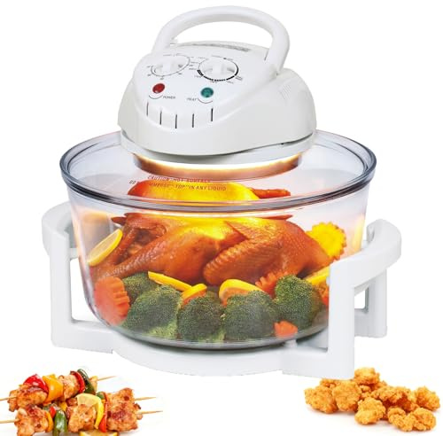 Luftfritös i glas, 12-liters oljefri mikrovågsugn, 1300W, justerbar temperaturkontroll och timer, 360° cirkulerande värme, lämplig för bakning och stekning white
