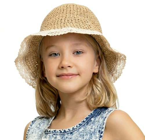 Zidoley Strohhut Kinder Mädchen Sommerhut – Sonnenhut Kinder mit Spitze & Breiter Krempe, Verstellbar mit Bindeband, Faltbarer Strandhut mit Zopfloch (Beige)