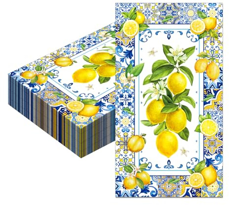 Dermalyx 40 Servilletas, Toallas De Papel Desechables con Diseño De Limones, Patrón De Azulejos Azules Estilo Mediterráneo, Tema Verano Limonada De Citrón, Fiesta De Cump