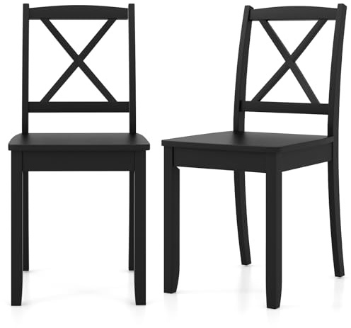 COSTWAY Dining Chairs Set of 2, Wooden Kitchen Chairs with Curved Cross Back Backrest & Rubber Wood Legs, Farmhouse Diner Side Accent Chairs for Dining Room, Living Room Restaurant (Black)