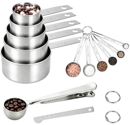 Mätkopp i rostfritt stål, 13 delar mätskop-set med mätkoppar och spoons, doseringssked med klämma och kaffesked portionerare, stapelbar för matlagning bakning kök